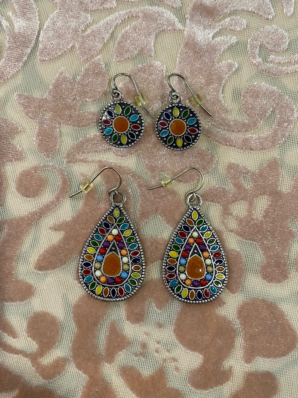 Set of 2 Boho Beaded Multicolor Teardrop & Round Dangle Earrings w/ Silver Back